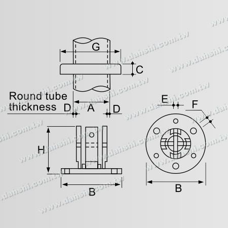 Dimension: 2 pièces de base de tube externe pour main courante en tube rond en acier inoxydable