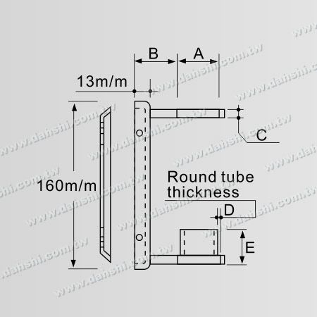 Dimension: Support de main courante en tube rond en acier inoxydable avec dos rectangulaire - extrémité plate
