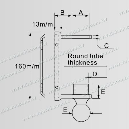 Dimension: Support de main courante en tube rond en acier inoxydable avec dos rectangulaire - extrémité de type boule
