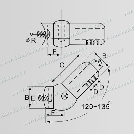 Dimensão: Conector de Ângulo Ajustável para Tubo e Barra em Aço Inoxidável