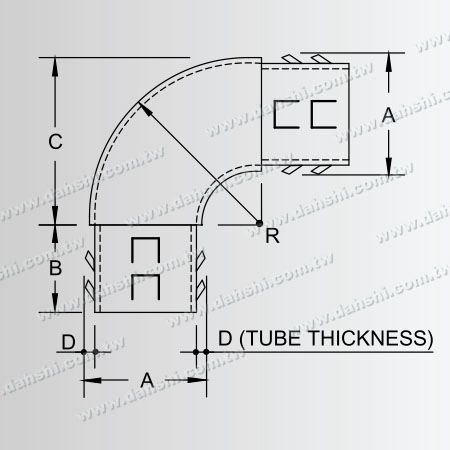 Dimensión: Codo de 90 grados interno de tubo redondo de acero inoxidable - Diseño de resorte de salida - Sin soldadura / aplicable con pegamento