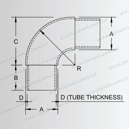 Dimensión: Codo de 90 grados interno de tubo redondo de acero inoxidable