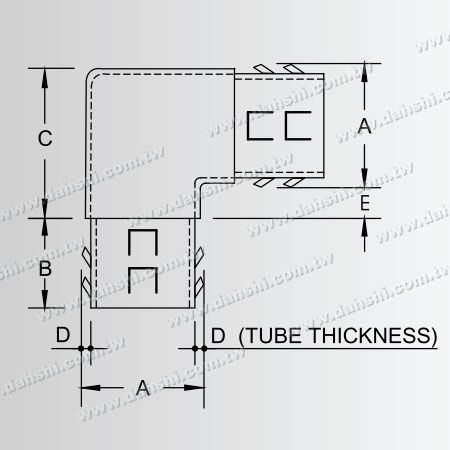 Dimenzija: Notranji 90-stopinjski komolec iz nerjavečega jekla za okroglo cev - dodatna dolžina - kvadratni vogal - zasnova izhodne vzmeti - brez varjenja/lepljenja