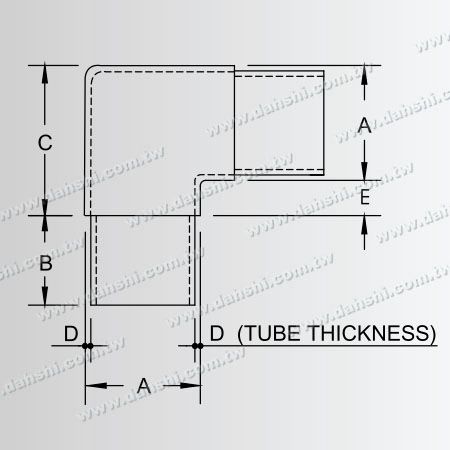 Dimensión: Codo de 90 grados interno de tubo redondo de acero inoxidable con longitud extra y esquina cuadrada