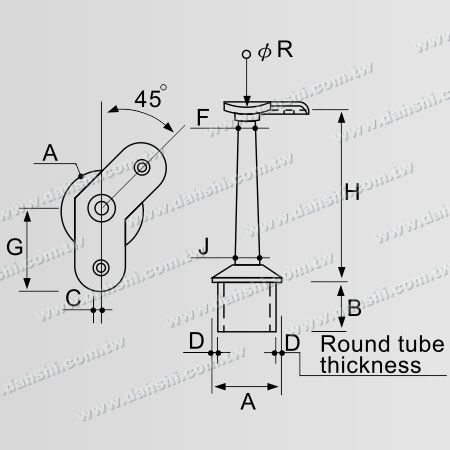 Dimension : Connecteur de support de poteau perpendiculaire en tube rond en acier inoxydable avec tige trapézoïdale à 45 degrés