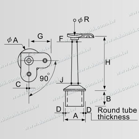 Dimensión: Conector de soporte de poste perpendicular de barandilla de tubo redondo de acero inoxidable con vástago trapezoidal
