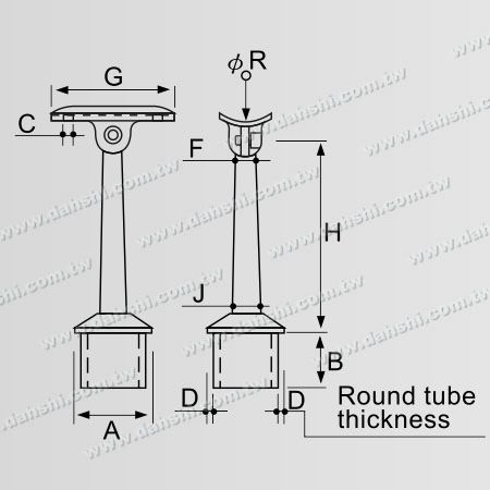 Dimensão: Conector de suporte ajustável em ângulo para poste perpendicular de corrimão de tubo redondo de aço inoxidável