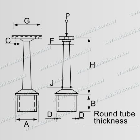 Dimensión: Conector de soporte de poste perpendicular de barandilla de tubo cuadrado y rectangular de acero inoxidable con vástago trapezoidal