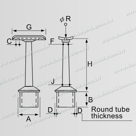 Dimensione: Connettore di supporto per montante perpendicolare in acciaio inossidabile per corrimano tubolare rotondo con stelo trapezoidale