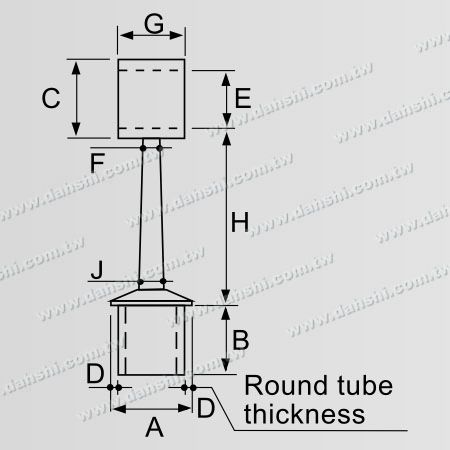 尺寸圖：不銹鋼圓管扶手與立柱平台套管式斜圓條接頭