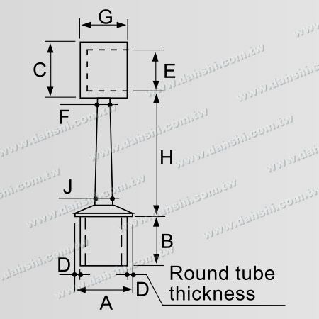 Dimensión: Conector de poste perpendicular para barandilla de tubo redondo de acero inoxidable, anillo cerrado, tallo trapezoidal