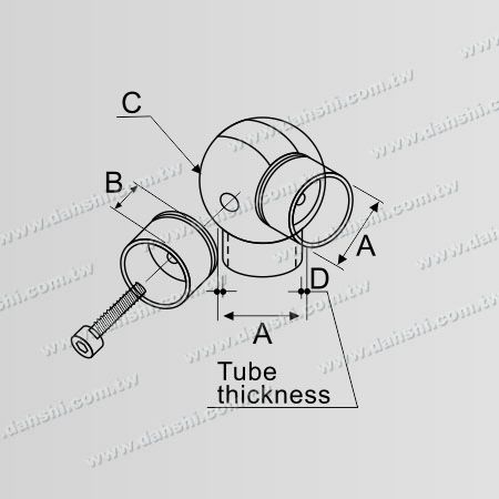 Dimensão: Conector em bola interno de tubo redondo de aço inoxidável em T com ângulo ajustável de 90 graus