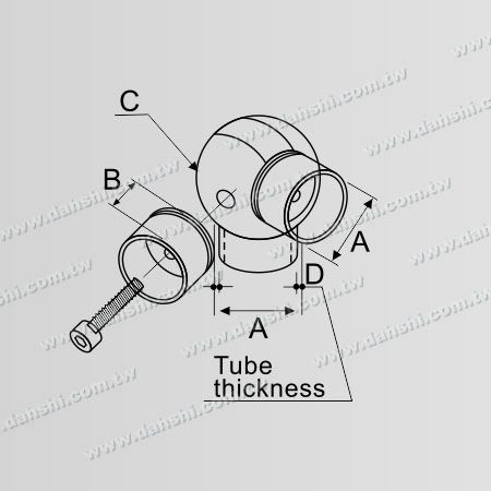 Dimenzija: Notranji T priključek iz nerjavečega jekla za okroglo cev, 90-stopinjski kot, nastavljiv