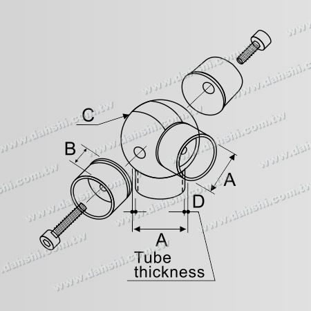 Dimension：Stainless Steel Round Tube Internal 90degree T Ball Connector 4 Way Out Angle Adjustable