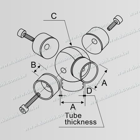Dimension: Connecteur interne de tube rond en acier inoxydable avec bille réglable à 5 sorties d'angle