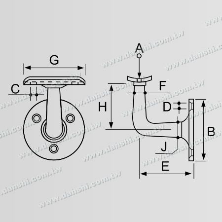 Dimenzija: Izpostavljen nosilec vijaka - nerjaveči okrogli cevni nosilec za ročaj za steno - kotno pritrjen
