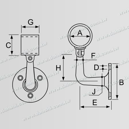 Dimensão: Suporte de parede para corrimão de tubo redondo interno - Suporte de parede com parafuso exposto - Ângulo ajustável