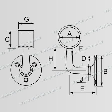 寸法：スクリュー露出ブラケット - 内部丸形チューブ手すり壁ブラケット