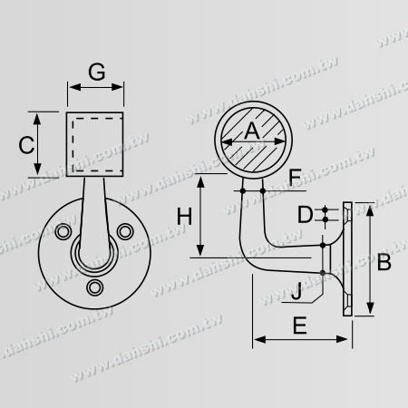 尺寸图:螺钉外露型脚座- 套管式圆管扶手头尾墙壁固定座(左)