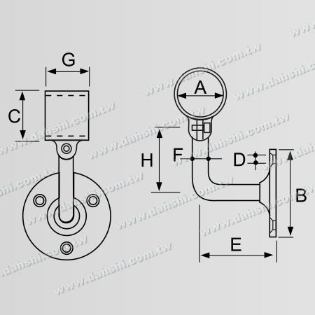 寸法:ネジ露出ブラケット - 内部丸チューブ手すり壁ブラケット - 角度調整可能