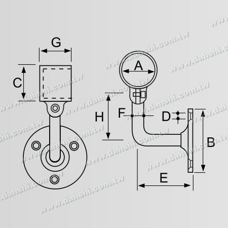 尺寸图:螺钉外露型脚座- 套管式圆管扶手头尾墙壁固定座(左) - 活动式
