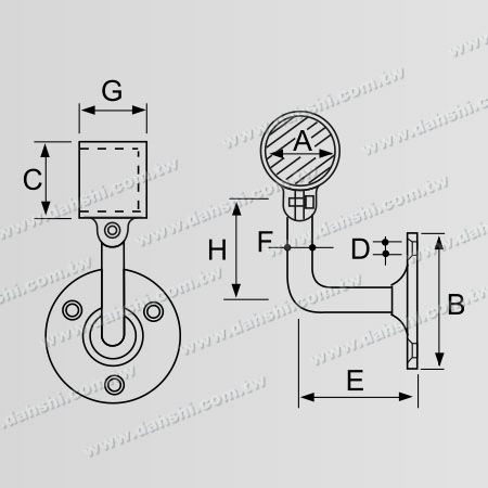 Abmessung: Schrauben sichtbare Halterung - Interne Rundrohr Geländer Wandhalterung Ende (rechte Seite) - Winkel verstellbar