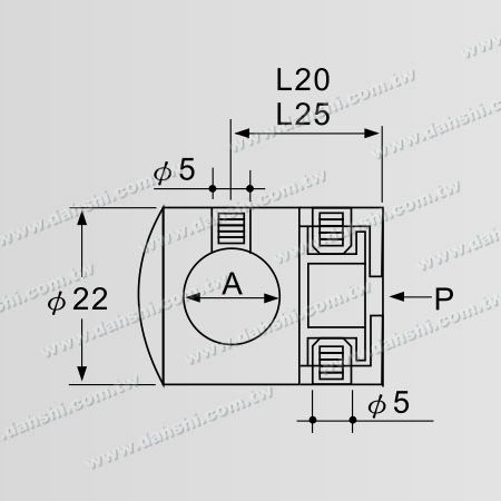 尺寸图:实心横杆穿梭万向快速固定座- 通孔/ 扁管或方管用