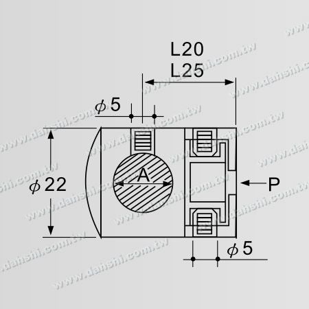 尺寸图:实心横杆穿梭万向快速固定座- 盲孔/ 扁管或方管用
