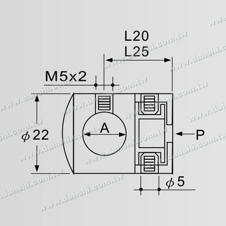 尺寸图:实心横杆穿梭万向快速固定座- 通孔/ 扁管或方管用