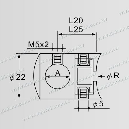 尺寸圖:實心橫杆穿梭萬向快速固定座 - 通孔 / 圓管用