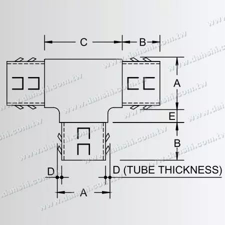 Dimensi: Sambungan T Internal Tabung Bulat Stainless Steel - Desain pegas keluar - bebas las/ bisa ditempelkan