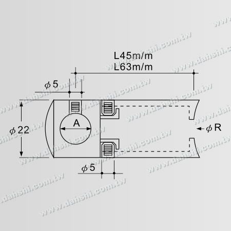 尺寸图:实心横杆穿梭万向快速加长型固定座- 通孔/ 圆管用