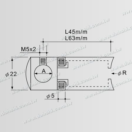 尺寸图:实心横杆穿梭万向快速加长型固定座- 通孔/ 圆管用