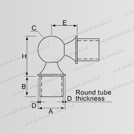 Notranji 90° kroglični konektor iz nerjavečega jekla - Dimenzija: Notranji 90-stopinjski kroglični konektor iz nerjavečega jekla za okroglo cev