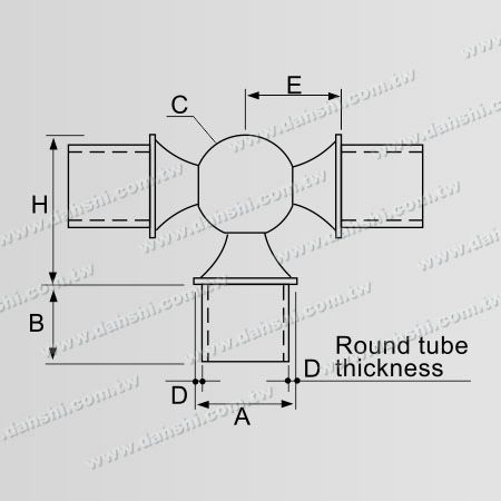 Conector de bola interno de tubo redondo de acero inoxidable en forma de T de salida 3 vías - Dimensión: Conector en T interno de tubo redondo de acero inoxidable con bola de 90 grados y 3 salidas