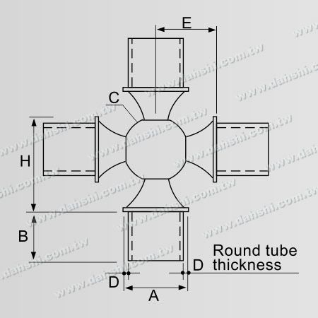 Notranji križni kroglični konektor iz nerjavečega jekla za okroglo cev 4-izhodni - Dimenzija: Križni kroglični konektor iz nerjavečega jekla za okroglo cev - 4 izhodi