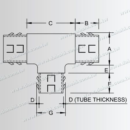 Dimensão: Conector em T interno de tubo redondo de aço inoxidável - Design de mola de saída - sem solda / aplicável com cola