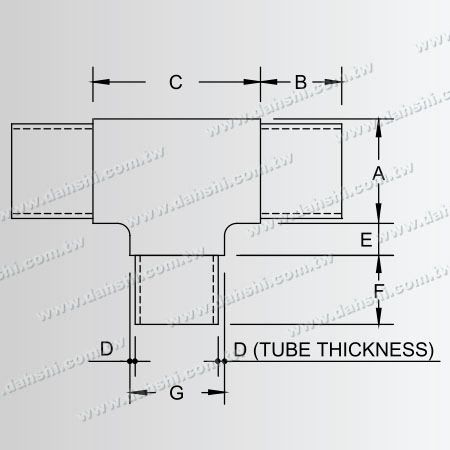 Dimensão: Conector T Interno de Tubo Redondo em Aço Inoxidável