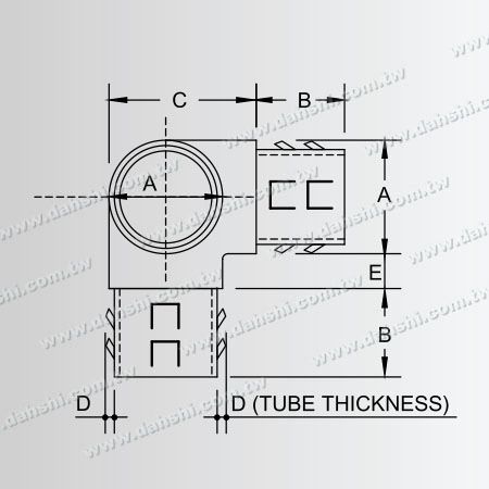 Dimensão: Conector T interno de tubo redondo de aço inoxidável de 90 graus - Design de mola de saída - Sem solda / aplicável com cola
