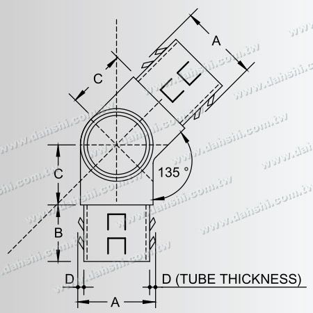 Dimenzija: Notranji 135-stopinjski T priključek iz nerjavečega jekla za okroglo cev, 3 izhodi - Oblikovanje z vzmetjo za izhod - brez varjenja/lepljenja