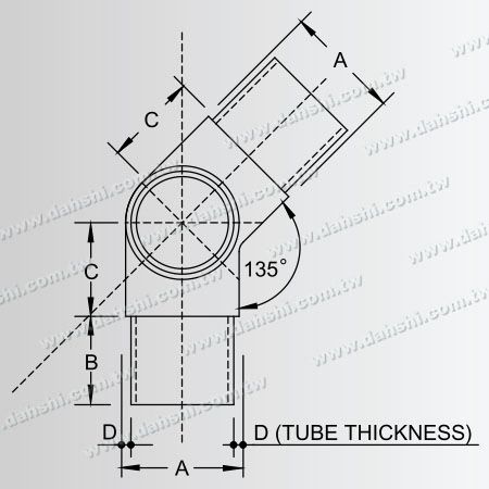 Dimensão: Conector de 3 vias interno de tubo redondo de aço inoxidável com ângulo de 135 graus
