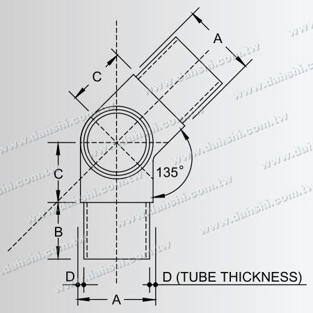 आयाम: स्टेनलेस स्टील गोल ट्यूब आंतरिक 135 डिग्री 3 तरीके कनेक्टर