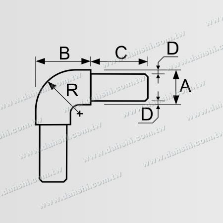 尺寸图:不锈钢圆管套外90度弯头- 小弧度