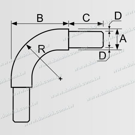 尺寸图:不锈钢圆管套外90度弯头- 大弧度
