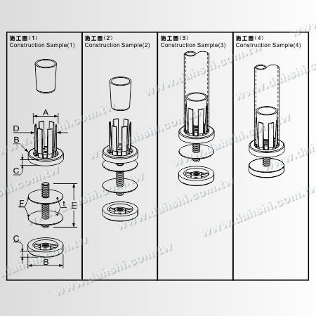 ابعاد و نمودار نصب: دستگیره لوله گرد فلزی استیل 2 قطعه پایه گرد