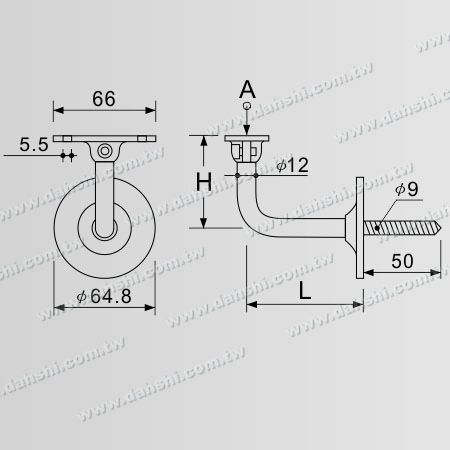尺寸图:木螺丝- 不锈钢方管、扁管扶手墙壁固定座- 活动式