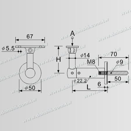 尺寸图:木螺丝- 不锈钢方管、扁管扶手墙壁固定座- 活动式