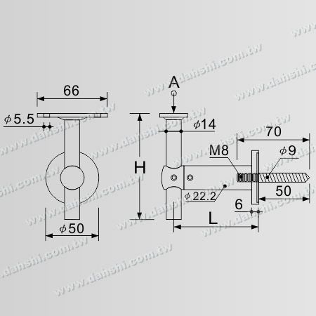 尺寸圖：木螺絲 - 不銹鋼方管、扁管扶手牆壁固定座可調整扶手高度 - 固定式