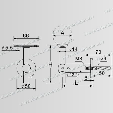 尺寸图：木螺丝- 不锈钢圆管扶手墙壁固定座可调整扶手高度- 固定式