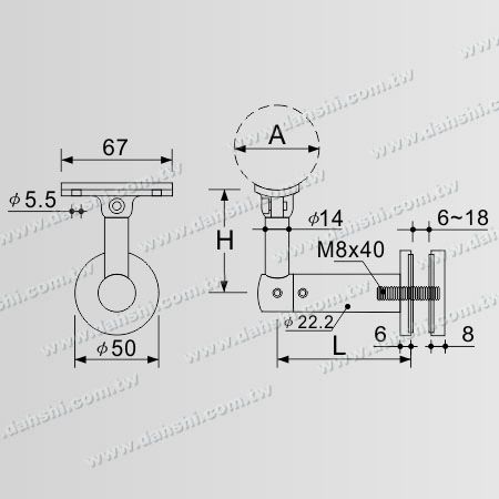 Dimensão: Suporte de Aço Inoxidável para Vidro com Ângulo Arredondado Ajustável